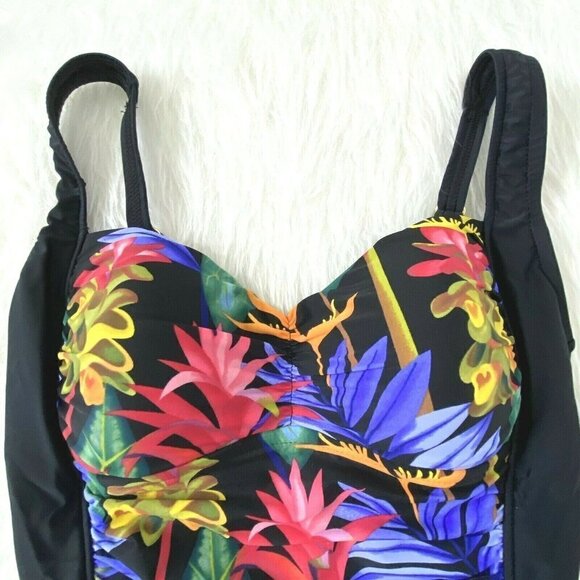 Maxine of Hollywood Women's size 8 Front Shirred One Piece Swimsuit Black Floral - Picture 6 of 12